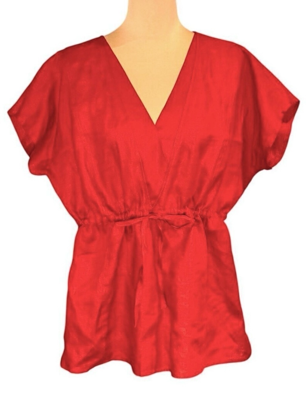 Talbots 100% Linen Tunic Top Sz.XL Red Babydoll V-Neck Short Sleeve Summer Boho